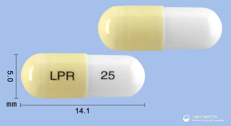 리프렌캡슐25밀리그램(프레가발린) 앞뒤 사진 (노란색 캡슐, 각인 LPR 25)