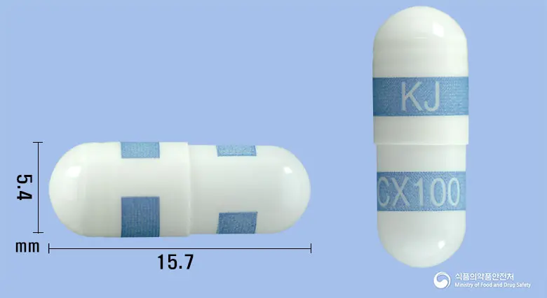 셀렉시브캡슐100mg(세레콕시브) 앞뒤 사진 (흰색 캡슐, 각인 KJCX100)
