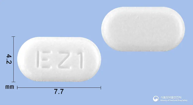 에제팀정10mg(에제티미브) 앞뒤 사진 (흰색 장방형, 각인 EZ1)