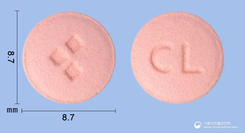 클로픽정75밀리그램(클로피도그렐황산염) 앞뒤 사진 (분홍색 원형, 각인 CL)