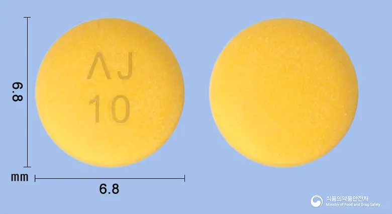 파리아톤정10mg(라베프라졸나트륨) 앞뒤 사진 (노란색 원형, 각인 ΛJ10)