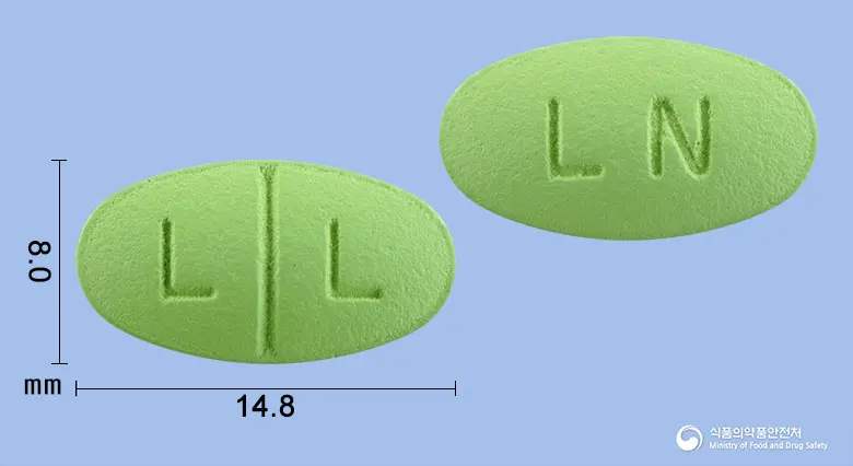 리네스타정 앞뒤 사진 (연두색 타원형, 각인 L L / LN)