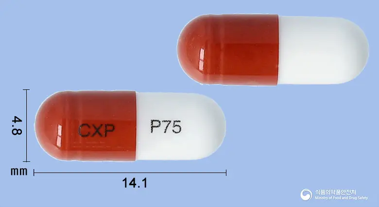 프레칸캡슐75밀리그램(프레가발린) 앞뒤 사진 (갈색 캡슐, 각인 CXP P75)