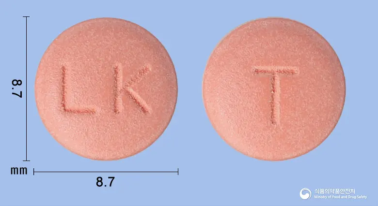 케이플라정(클로피도그렐황산염) 앞뒤 사진 (분홍색 원형, 각인 LK / T)