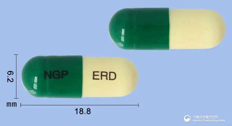 엘도젠캡슐(에르도스테인) 앞뒤 사진 (초록색 캡슐, 각인 NGP ERD)