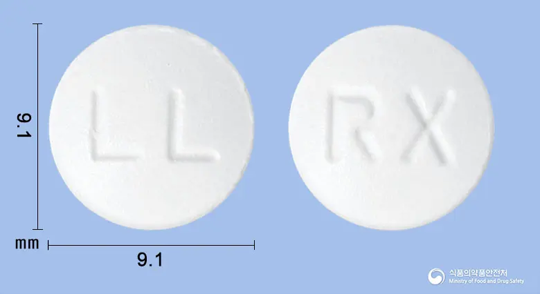 록시텐신정150밀리그램(록시트로마이신) 앞뒤 사진 (흰색 원형, 각인 LL / RX)