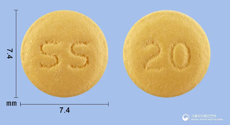 삼성라베프라졸정20mg(라베프라졸나트륨) 앞뒤 사진 (노란색 원형, 각인 SS / 20)