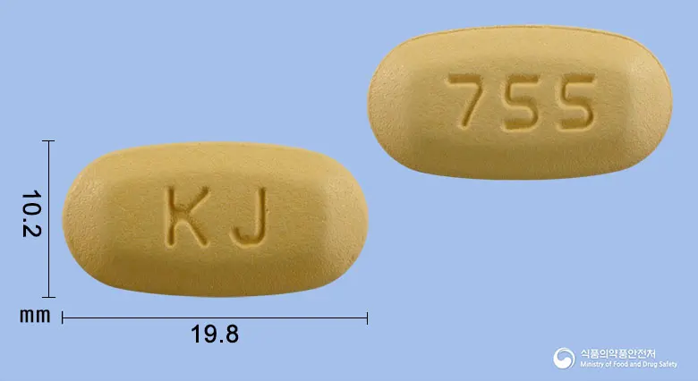 크레비스정750/5밀리그램 앞뒤 사진 (노란색 타원형, 각인 KJ / 755)