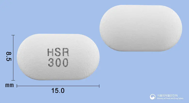안티코아SR정300밀리그램(사르포그렐레이트염산염) 앞뒤 사진 (흰색 장방형, 각인 HSR300)