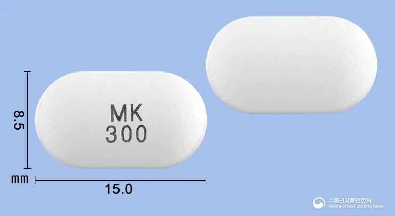 사포칸SR정300밀리그램(사르포그렐레이트염산염) 앞뒤 사진 (흰색 장방형, 각인 MK300)
