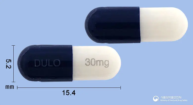 듀로스캡슐30밀리그램(둘록세틴염산염) 앞뒤 사진 (남색 캡슐, 각인 DULO 30mg)