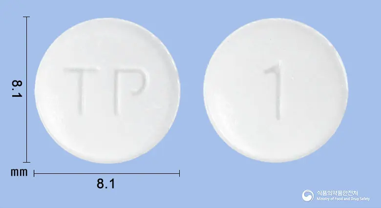 텔로살탄플러스정40/12.5mg 앞뒤 사진 (흰색 원형, 각인 TP / 1)