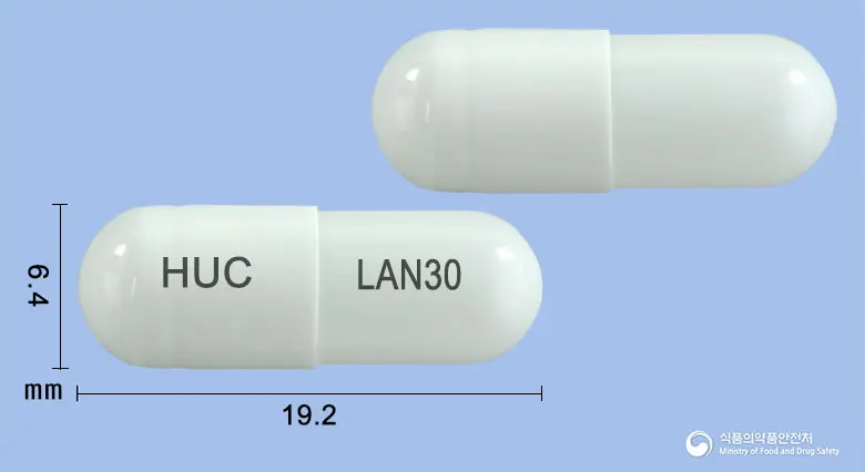 휴프졸캡슐30밀리그램(란소프라졸과립) 앞뒤 사진 (흰색 캡슐, 각인 HUC LAN30)