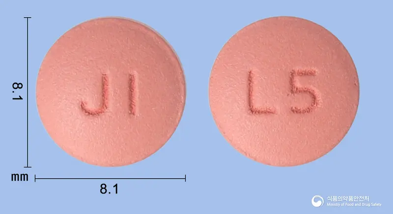 리나틴정(리나글립틴) 앞뒤 사진 (분홍색 원형, 각인 JI / L5)