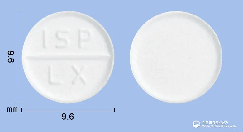 일성록소프로펜나트륨수화물정60밀리그램 앞뒤 사진 (흰색 원형, 각인 ISP LX)