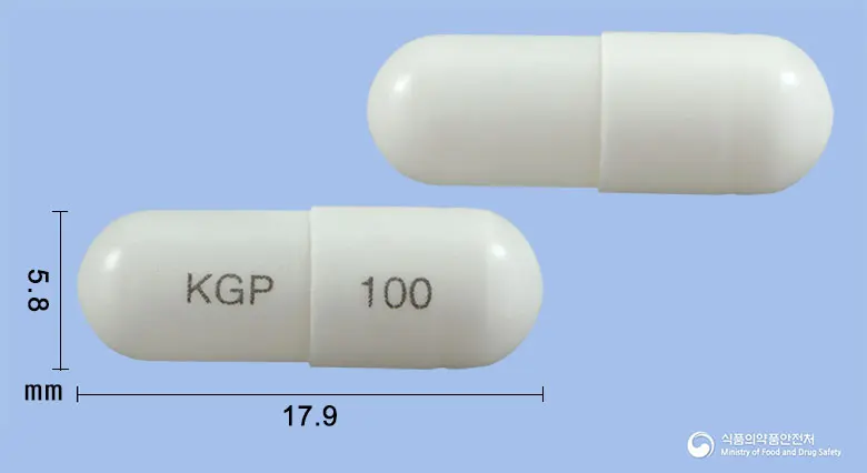 실로레탈서방캡슐100밀리그램(실로스타졸) 앞뒤 사진 (흰색 캡슐, 각인 KGP 100)