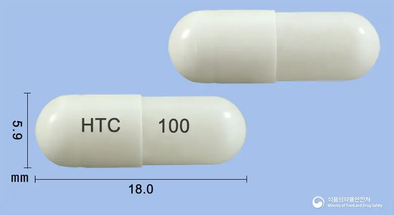 실로스토서방캡슐100mg(실로스타졸) 앞뒤 사진 (흰색 캡슐, 각인 HTC 100)