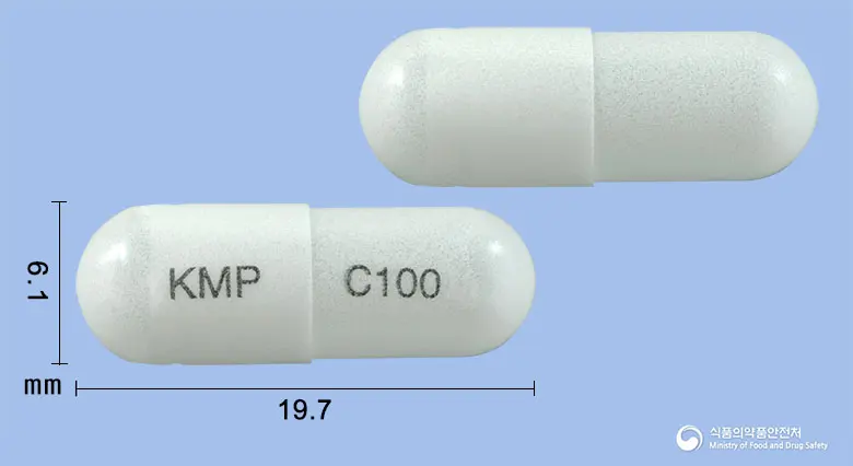 프레실로서방캡슐100밀리그램(실로스타졸) 앞뒤 사진 (흰색 캡슐, 각인 KMP C100)