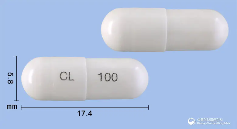 세레탈서방캡슐100밀리그램(실로스타졸) 앞뒤 사진 (흰색 캡슐, 각인 CL 100)