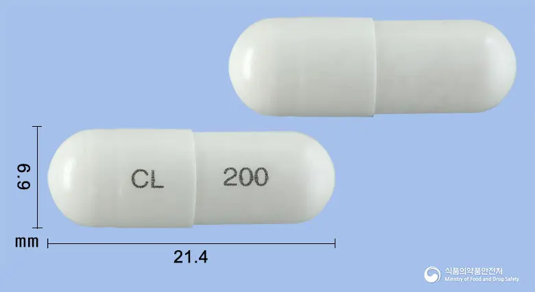 세레탈서방캡슐200밀리그램(실로스타졸) 앞뒤 사진 (흰색 캡슐, 각인 CL 200)