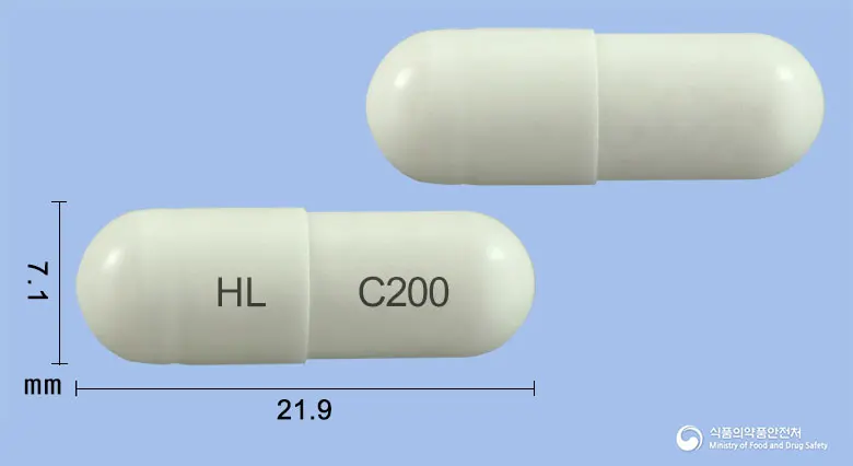 실로딜서방캡슐200밀리그램(실로스타졸) 앞뒤 사진 (흰색 캡슐, 각인 HL C200)