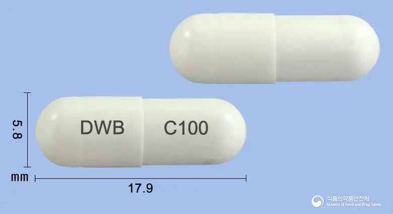 대웅실로스타졸서방캡슐100밀리그램 앞뒤 사진 (흰색 캡슐, 각인 DWB C100)
