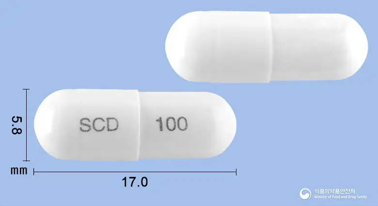 에스실로서방캡슐100밀리그램(실로스타졸) 앞뒤 사진 (흰색 캡슐, 각인 SCD 100)