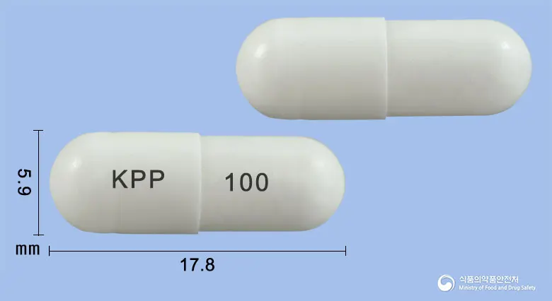 실베스타서방캡슐100밀리그램(실로스타졸) 앞뒤 사진 (흰색 캡슐, 각인 KPP 100)