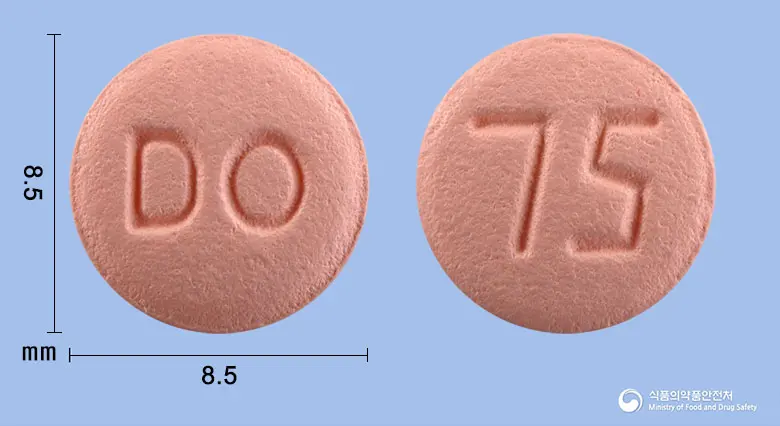클로텍정(클로피도그렐황산염) 앞뒤 사진 (분홍색 원형, 각인 DO / 75)
