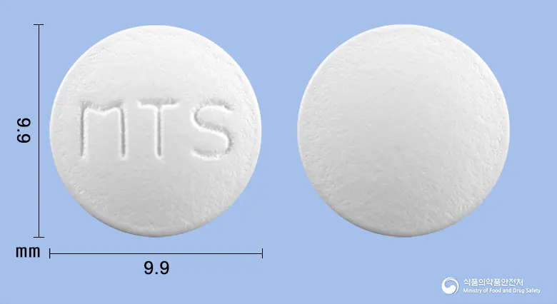 라니티엠정150mg(라니티딘염산염) 앞뒤 사진 (흰색 원형, 각인 MTS)