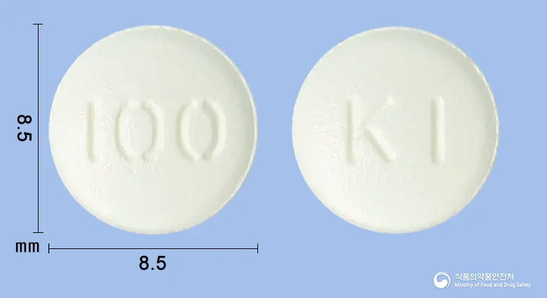 레보건정100밀리그램(레보플록사신수화물) 앞뒤 사진 (흰색 원형, 각인 100 / KI)