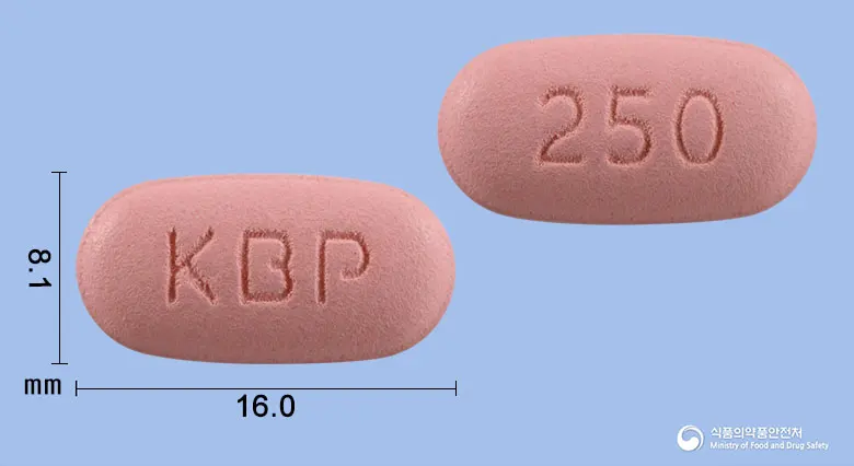 네오비트정250밀리그램(레보플록사신수화물) 앞뒤 사진 (분홍색 타원형, 각인 KBP / 250)