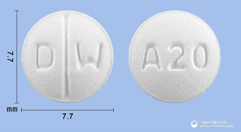 알레나온정20mg(에피나스틴염산염) 앞뒤 사진 (흰색 원형, 각인 D W / A20)