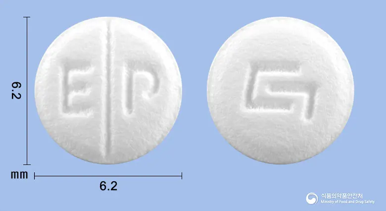 히스탑정10mg(에피나스틴염산염) 앞뒤 사진 (흰색 원형, 각인 E P)