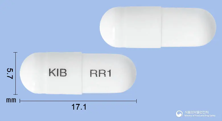 리리큐어캡슐150mg(프레가발린) 앞뒤 사진 (흰색 캡슐, 각인 KIB RR1)