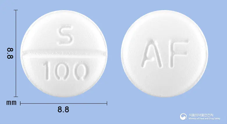 안포랄정100mg(사르포그렐레이트염산염) 앞뒤 사진 (흰색 원형, 각인 S 100 / AF)