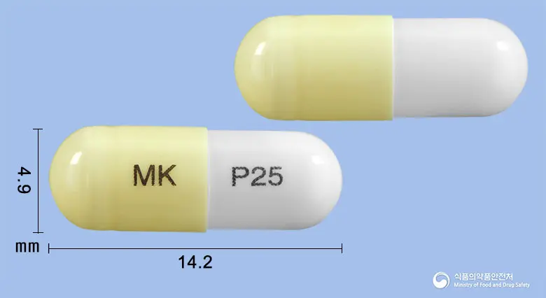 프레리카캡슐25밀리그램(프레가발린) 앞뒤 사진 (노란색 캡슐, 각인 MK P25)
