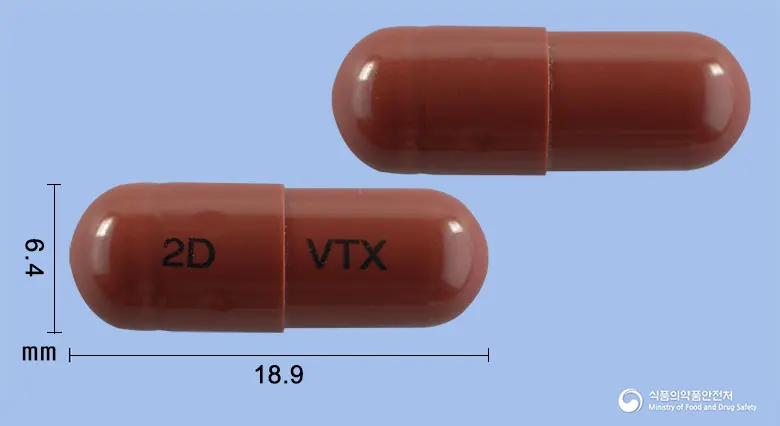이든포도엽건조엑스캡슐(포도엽건조엑스) 앞뒤 사진 (갈색 캡슐, 각인 2D VTX)
