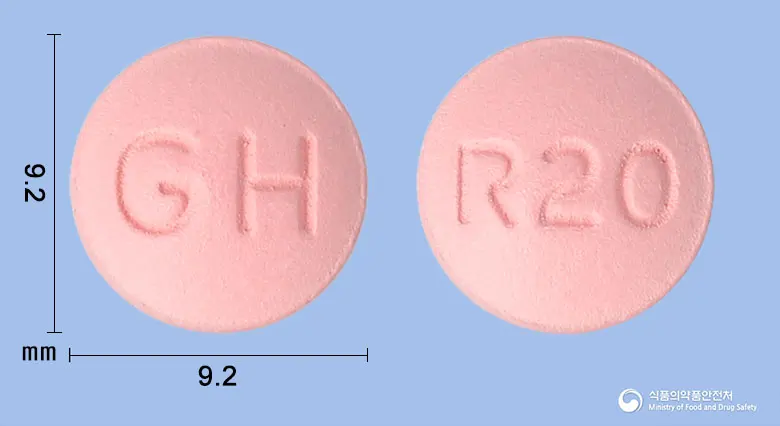 로바트정20밀리그램(로수바스타틴칼슘) 앞뒤 사진 (분홍색 원형, 각인 GH / R20)