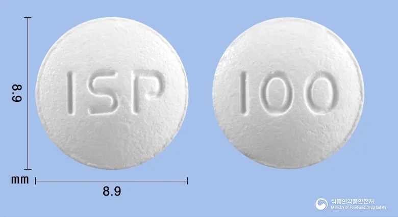 씨독심정(세프포독심프록세틸) 앞뒤 사진 (흰색 원형, 각인 ISP / I00)