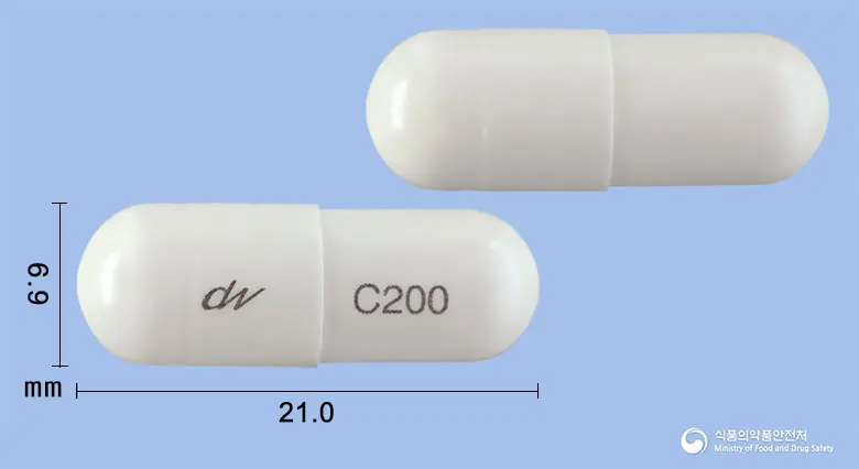 프레졸SR캡슐200mg(실로스타졸) 앞뒤 사진 (흰색 캡슐, 각인 C200)