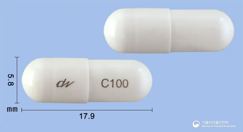 프레졸SR캡슐100mg(실로스타졸) 앞뒤 사진 (흰색 캡슐, 각인 C100)