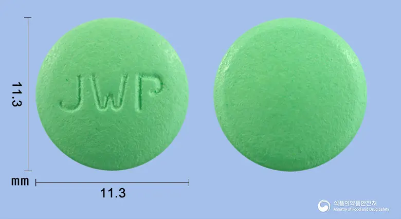 라비스칸정 앞뒤 사진 (연두색 원형, 각인 JWP)