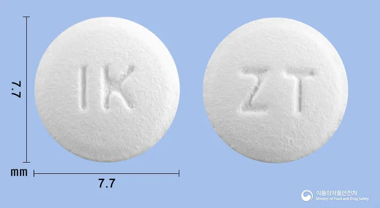 잘프로펜정(잘토프로펜) 앞뒤 사진 (흰색 원형, 각인 IK / ZT)