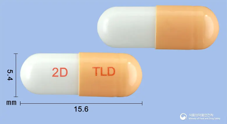 탐로딘서방캡슐0.2mg(탐스로신염산염) 앞뒤 사진 (주황색 캡슐, 각인 2D TLD)