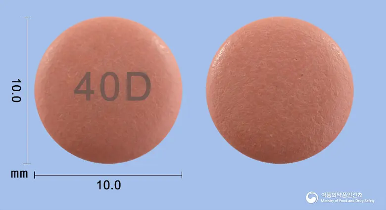 에스오텍정40mg(에스오메프라졸마그네슘삼수화물) 앞뒤 사진 (분홍색 원형, 각인 40D)