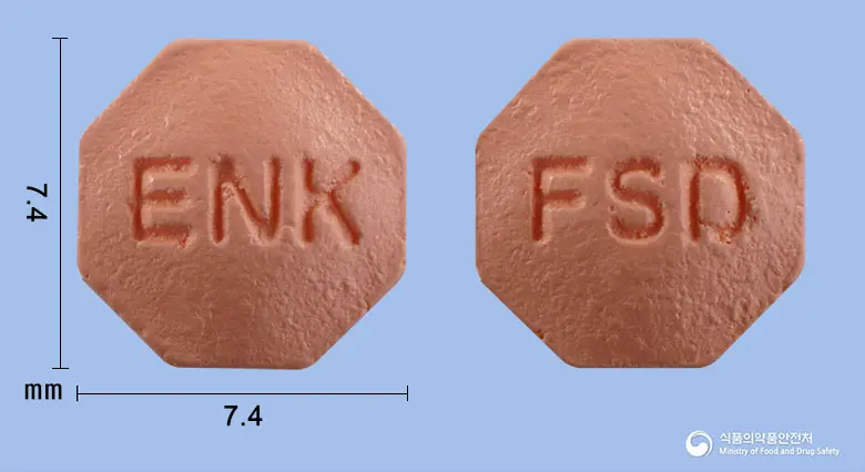 멕스페시아정1밀리그램(피나스테리드) 앞뒤 사진 (분홍색 팔각형, 각인 ENK / FSD)
