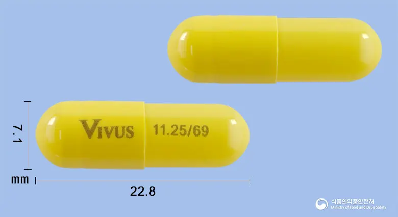 큐시미아캡슐11.25mg/69mg 앞뒤 사진 (노란색 캡슐, 각인 VIVUS 11.25/69)