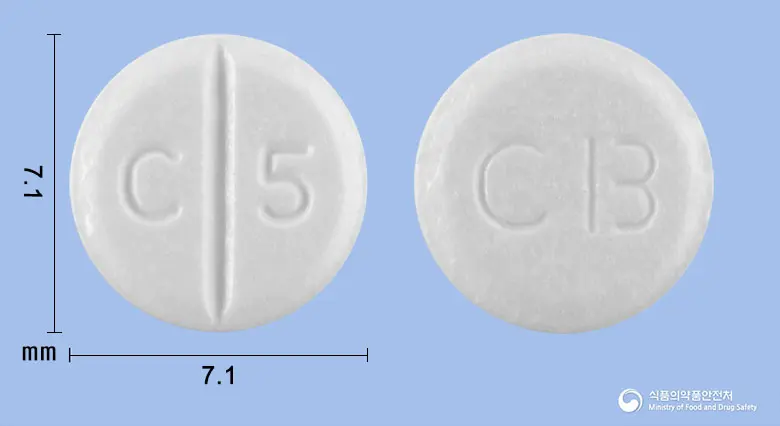 카베씨티정25mg(카르베딜롤) 앞뒤 사진 (흰색 원형, 각인 C 5 / CB)