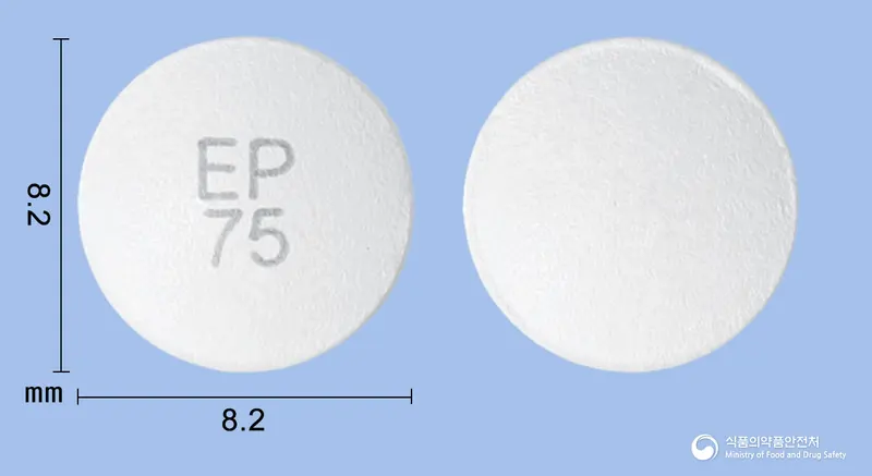 대우에페리손SR서방정75mg(에페리손염산염) 앞뒤 사진 (흰색 원형, 각인 EP75)